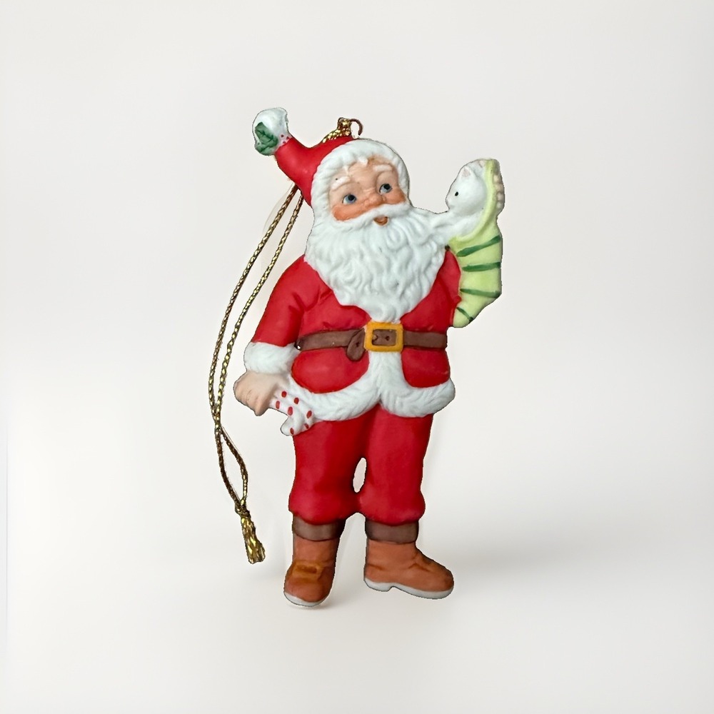 Vintage Thin Ceramic Santa Claus Holding Stocking With Kitten Ornament Holiday